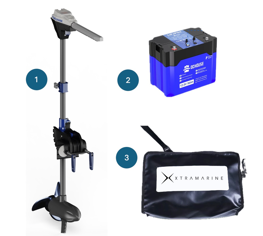 Combo moteur électrique 650 W + batterie LifePo4 externe 50 A + sac étanche