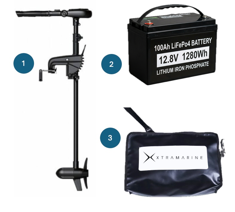 Combo moteur électrique 650 W + batterie LifePo4 externe 100 A + sac étanche